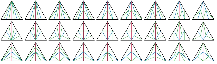 Jos Vromans | Artwork | 27 unique symmetrical 3th iteration equilateral triangle subdivisions.